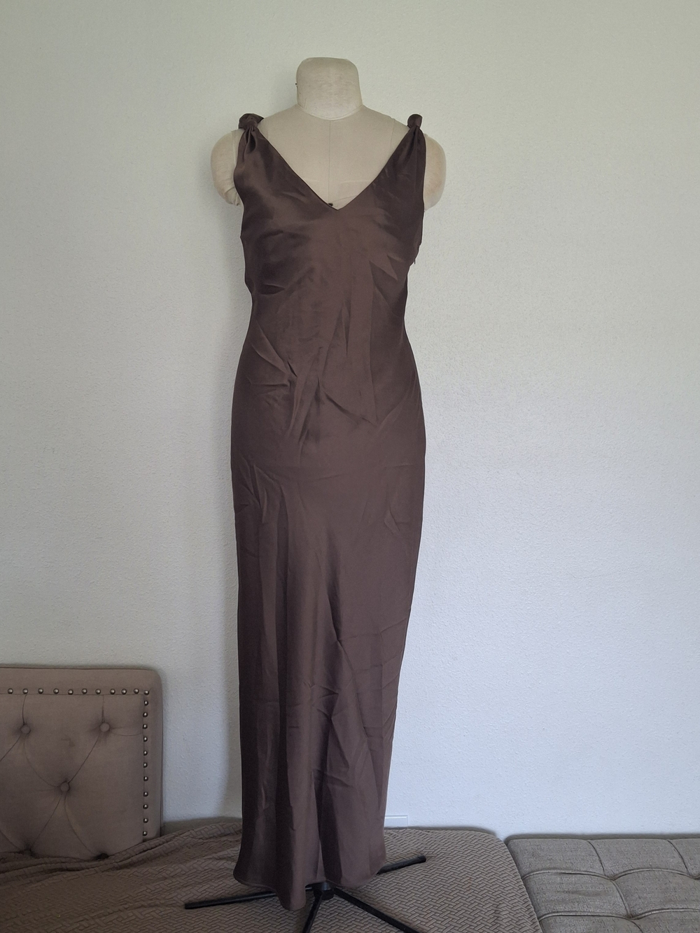House of Harlow 1960 Chocolate Brown Satin Maxi Dress with Knotted Straps